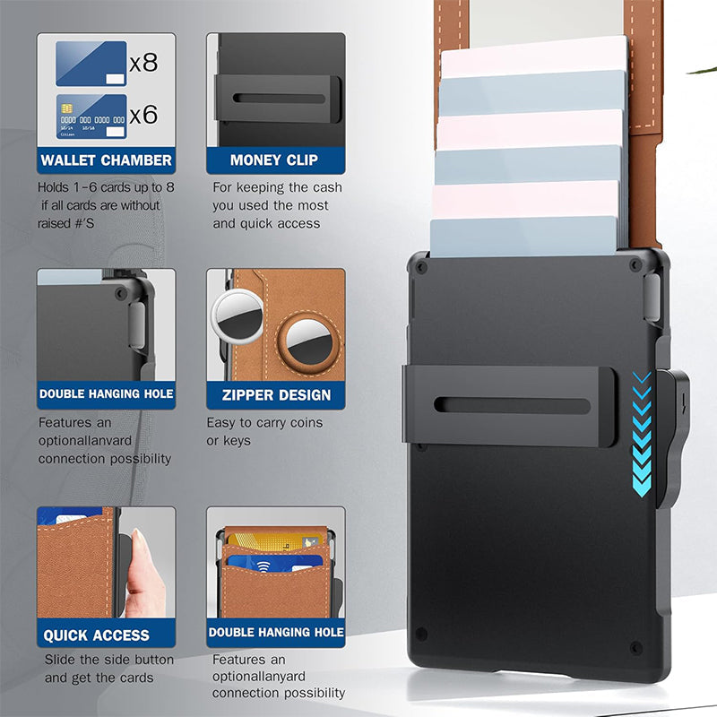 Arenzza slim wallet credit card holder with integrated money clip showing smooth leather exterior and multiple card slots.
