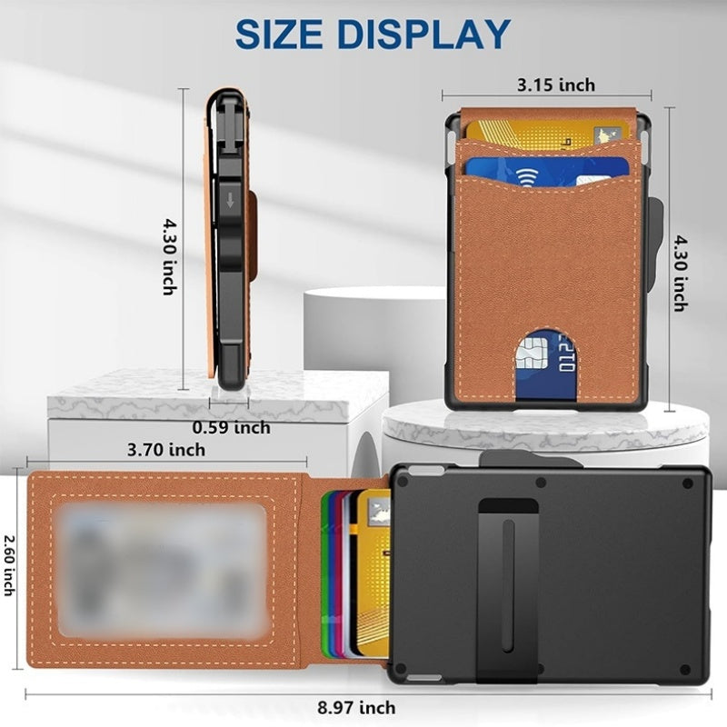 Arenzza slim wallet credit card holder with integrated money clip, made of sleek black leather for stylish everyday use.