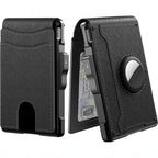Arenzza slim wallet with credit card slots and a metal money clip, made of black leather, designed for compact cash and card storage.