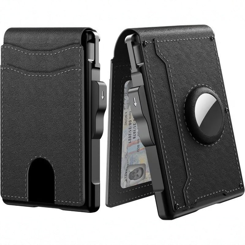 Arenzza slim wallet with credit card slots and a metal money clip, made of black leather, designed for compact cash and card storage.