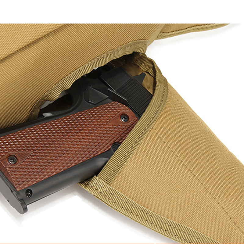 Arenzza tactical concealed carry waist pack with holster, black clothing and accessories, designed for secure firearm storage.