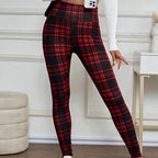 A pair of Arenzza high-elasticity slim fit warm plaid leggings for women, showing the fitted design and plaid pattern.