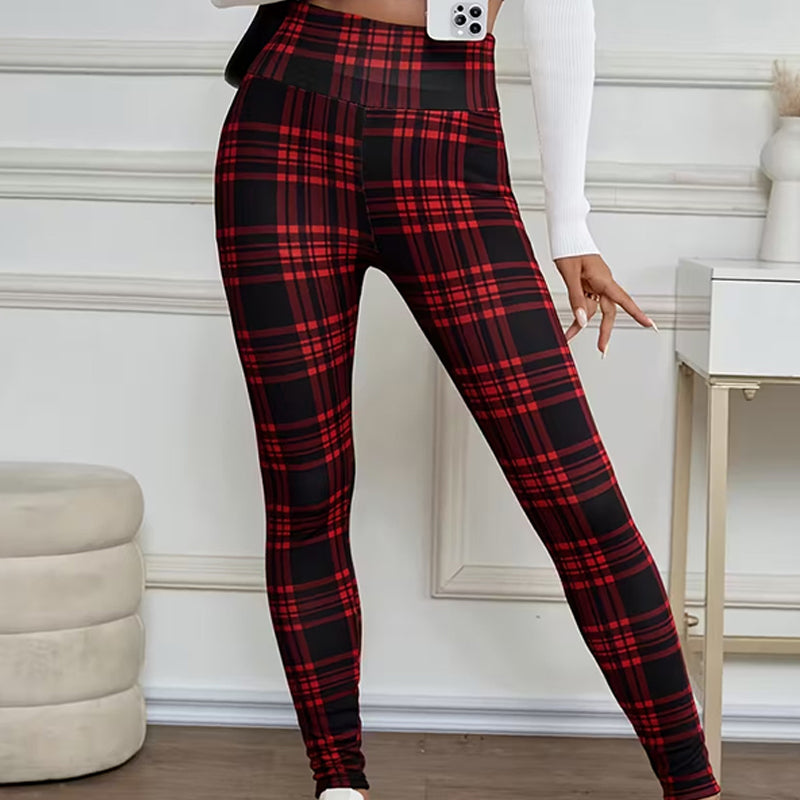 A pair of Arenzza high-elasticity slim fit warm plaid leggings for women, showing the fitted design and plaid pattern.