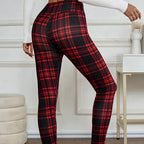 A pair of high-elasticity slim fit warm plaid leggings for women by Arenzza, featuring a stylish red and black checkered pattern.
