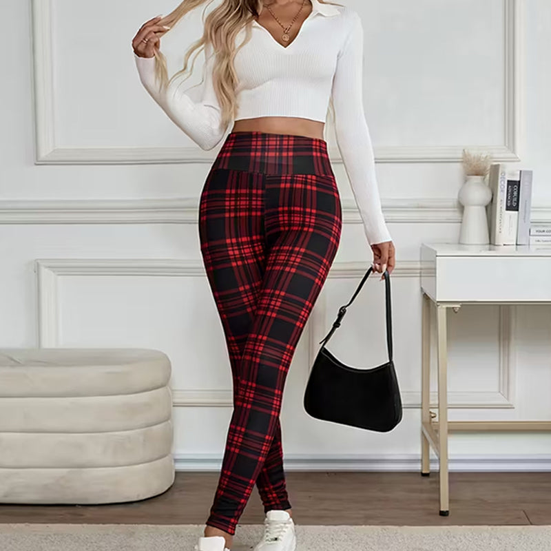 A pair of Arenzza high-elasticity slim fit warm plaid leggings for women, showing the fitted design and plaid pattern.