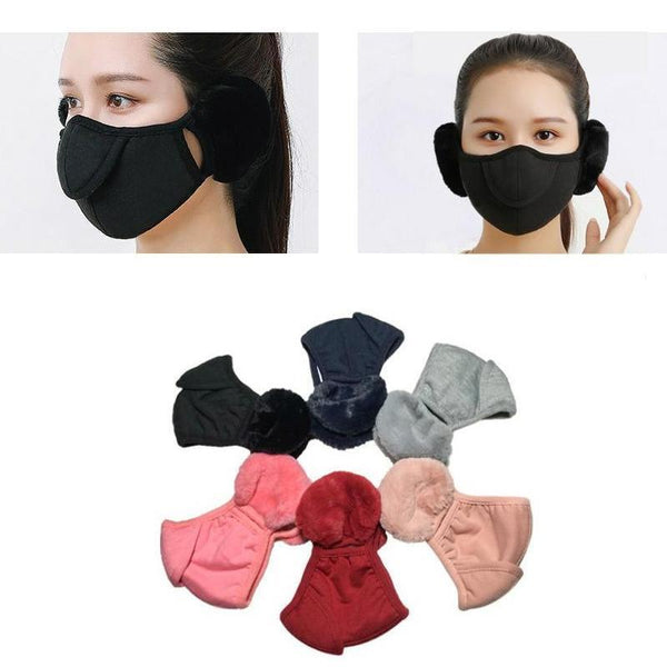 A pair of Arenzza winter warmer earmuffs and matching mask, soft and cozy for cold weather, shown in a close-up view.