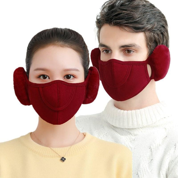 Arenzza winter warmer earmuffs and face mask set, cozy black fleece earmuffs with attached matching mask for cold weather protection.