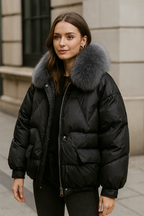 Aarenzza Winter Luxe ultra-warm plush collar jacket in dark color, featuring a plush collar and insulated design for cold weather.