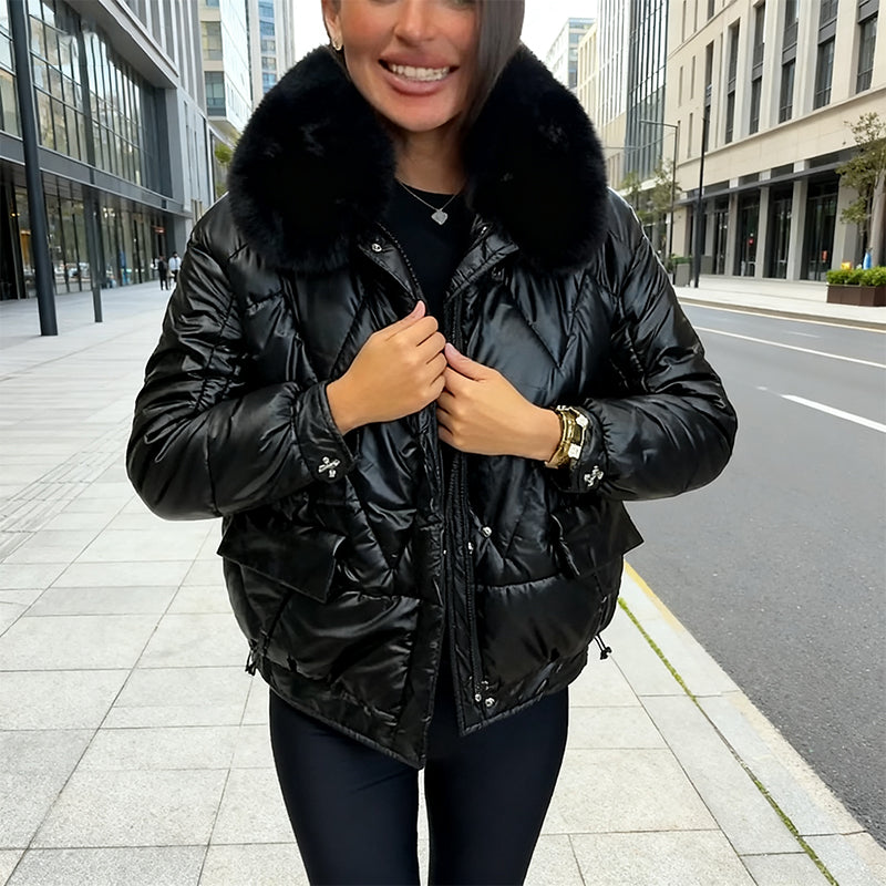 Aarenza Winter Luxe ultra-warm plush collar jacket in dark color, with a cozy collar and stylish design for cold weather.