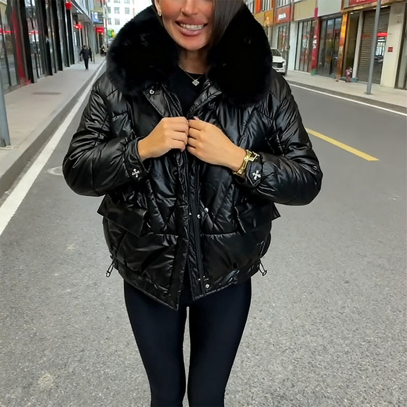 Aarenza Winter Luxe Ultra-Warm Plush Collar Jacket in cozy, plush fabric with a high collar, perfect for cold weather.