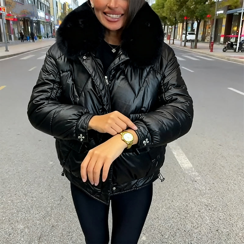 Aarenza Winter Luxe Ultra-Warm Plush Collar Jacket in cozy, plush fabric with a high collar, designed for cold weather warmth and style.