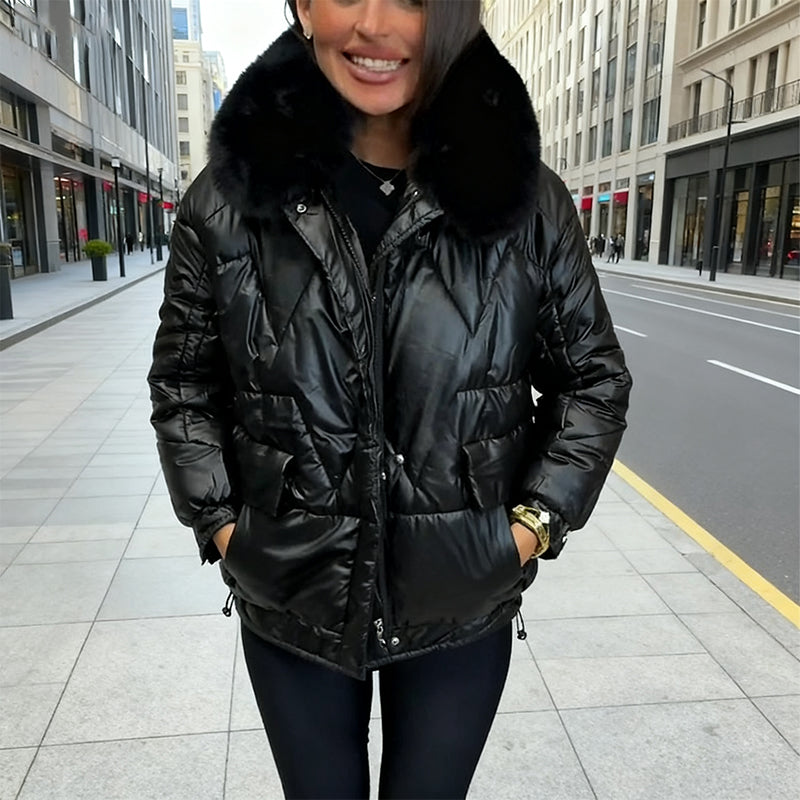 Aarenza Winter Luxe Ultra-Warm Plush Collar Jacket, black with a high plush collar, cozy and stylish winter clothing for women.