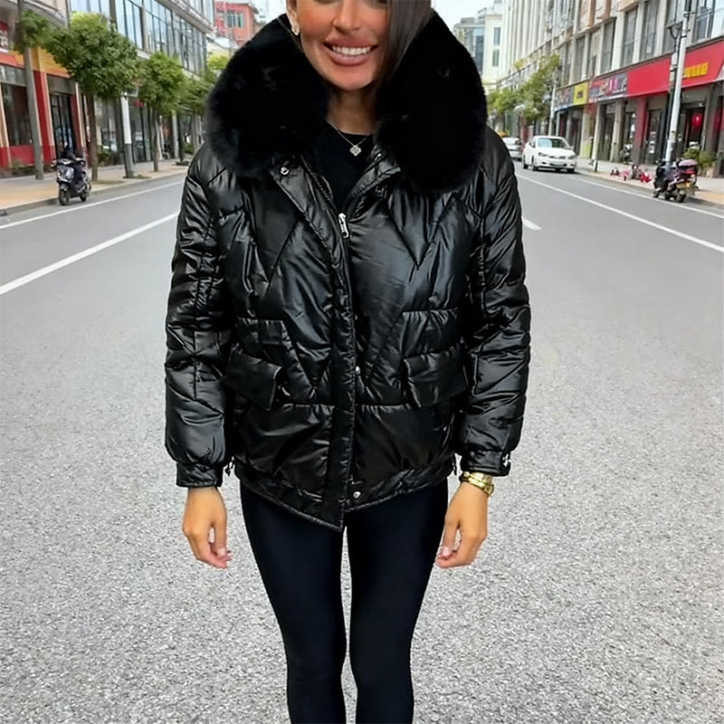 Aarenza Winter Luxe Ultra-Warm Plush Collar Jacket in cozy fabric with a plush collar, stylish winter clothing for cold weather.