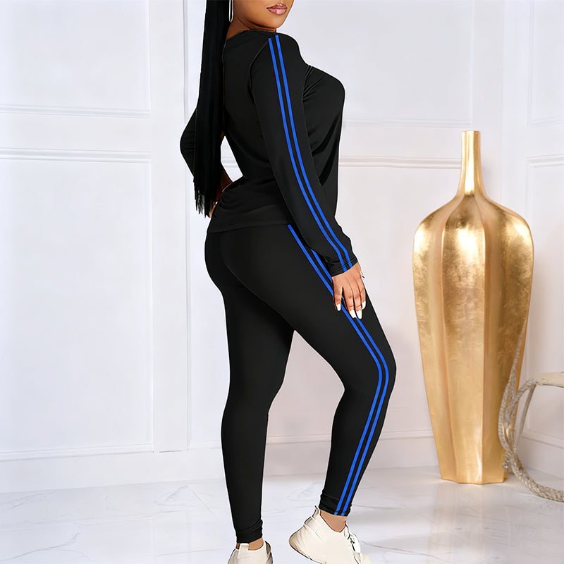Aarenza women's 2-piece long sleeve tracksuit set in black, featuring a fitted top and matching pants, casual activewear outfit.