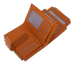 Aarenzza women’s compact solid color wallet in a sleek design, made for holding cards and cash, shown in a neutral color.
