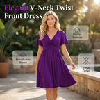 A woman wearing an Arenzza elegant V-neck twist front dress with pockets, ruched waist, flowy fabric, suitable for work or events.
