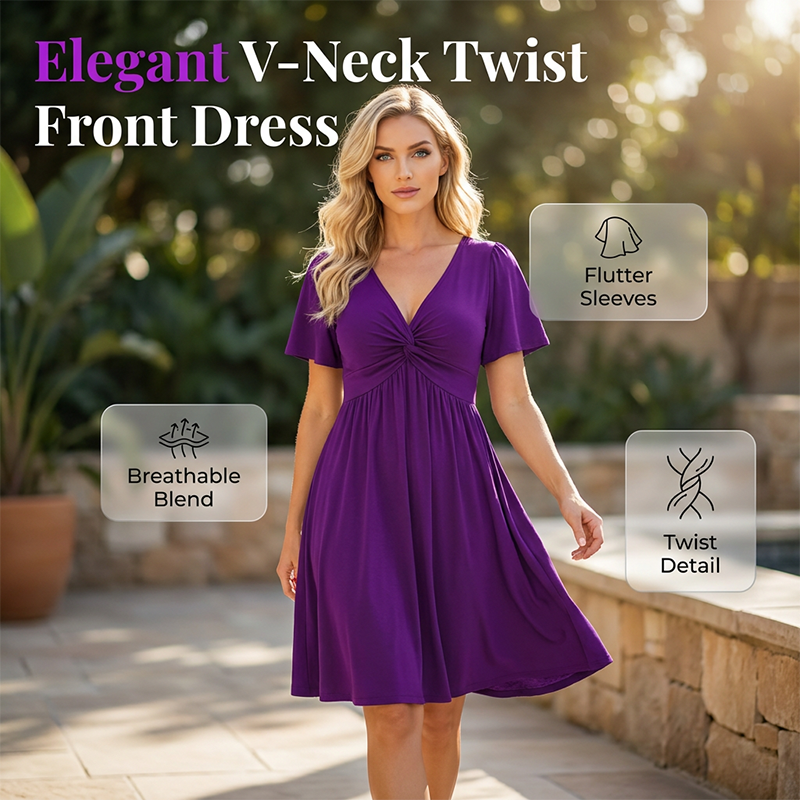A woman wearing an Arenzza elegant V-neck twist front dress with pockets, ruched waist, flowy fabric, suitable for work or events.