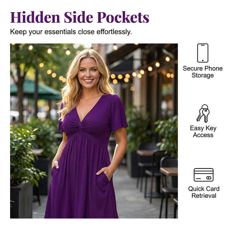Aarenza elegant V-neck twist front dress with pockets, ruched waist, flowy fabric, suitable for work, weddings, or date nights.