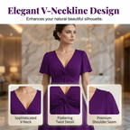 A woman wearing an elegant V-neck twist front dress by Arenzza, featuring a ruched waist and pockets, suitable for work or special occasions.