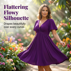 Aarenza elegant V-neck twist front dress with pockets, ruched waist, flowy fabric, suitable for work, weddings, or date nights.