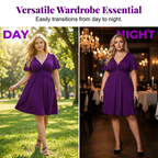 Aarenza elegant V-neck twist front dress with pockets, ruched waist, flowing fabric, suitable for work, weddings, or date nights.