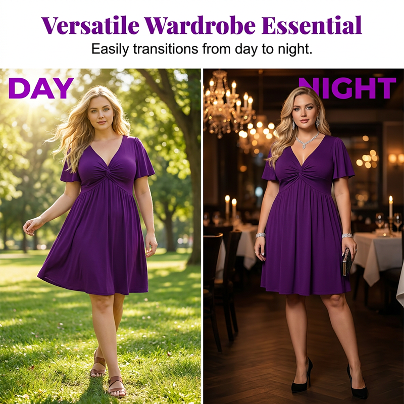 Aarenza elegant V-neck twist front dress with pockets, ruched waist, flowing fabric, suitable for work, weddings, or date nights.