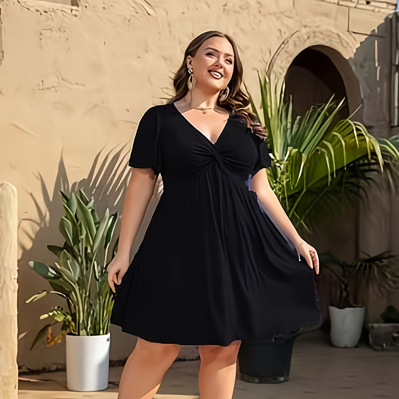 Aarenza elegant V-neck twist front dress with pockets, ruched waist, flowy fabric, ideal for work, weddings, or date nights.