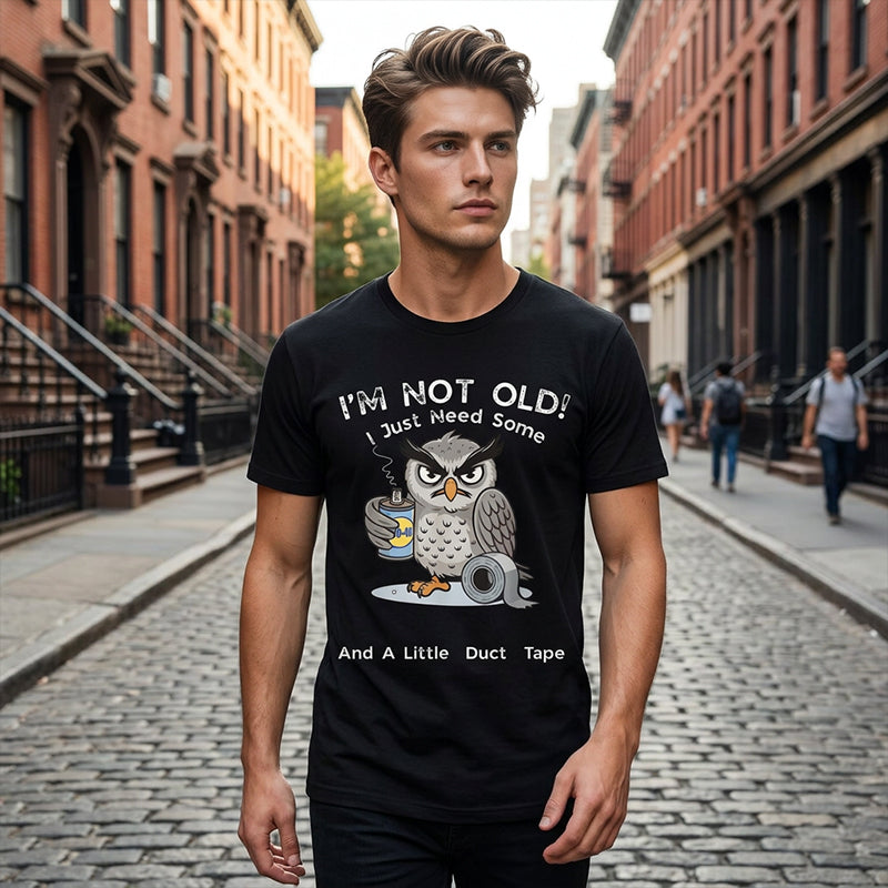 Aarenza owl "I'm Not Old" graphic T-shirt in black with colorful owl illustration and humorous text, casual clothing for adults.