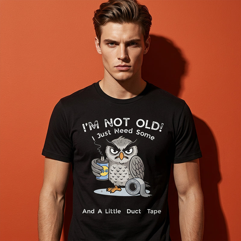 Arenzza owl graphic T-shirt featuring the text "I'm Not Old" in black print on a casual clothing T-shirt.