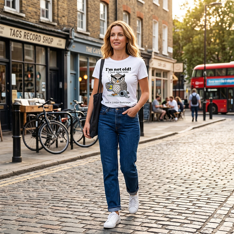 Aarenza Owl "I'm Not Old" graphic T-shirt in black with colorful owl design, casual clothing for adults.