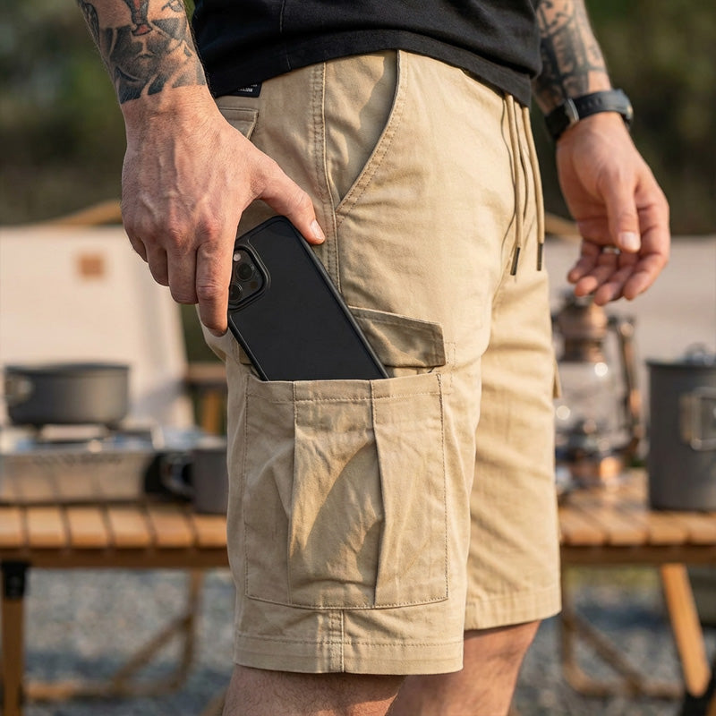 Men's casual cargo shorts with drawstring waist, Arenzza clothing, featuring multiple pockets and a relaxed fit for everyday wear.