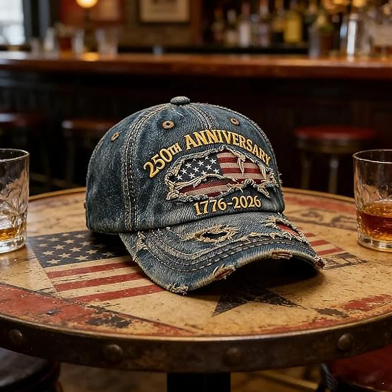 A distressed baseball cap from Arenzza with 2026 Hot Sale and 250th Anniversary embroidery, featuring a vintage worn look.