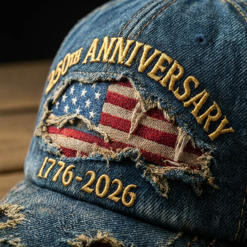 A distressed baseball cap featuring anniversary branding from Arenzza, with a casual, vintage look and adjustable strap.