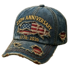 Arenzza distressed baseball cap celebrating 250th anniversary, featuring vintage style and adjustable strap in a close-up view.