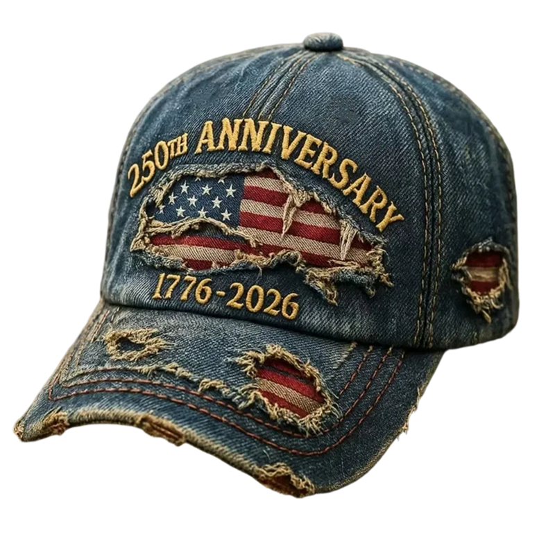 Arenzza distressed baseball cap celebrating 250th anniversary, featuring vintage style and adjustable strap in a close-up view.