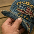 A distressed baseball cap with 250th anniversary design by Arenzza, featuring a casual, vintage style accessory for fans.