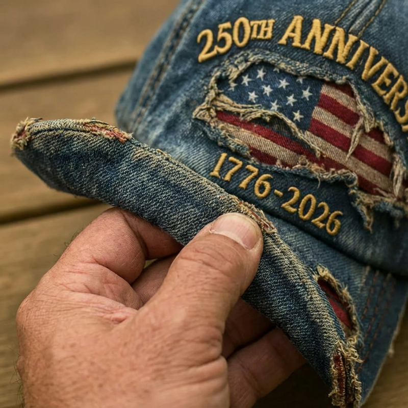 A distressed baseball cap with 250th anniversary design by Arenzza, featuring a casual, vintage style accessory for fans.