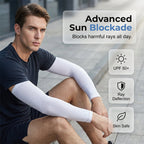 A pair of breathable UV protection cooling arm sleeves in black with Arenzza branding, designed for sun protection and comfort.