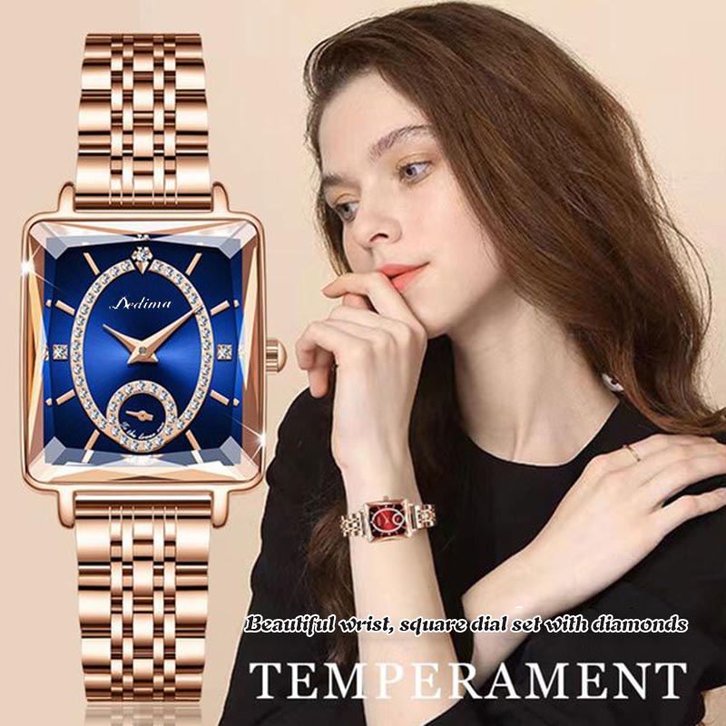 Aarenza square ladies rose gold diamond watch with a sleek design, featuring a rose gold band and a diamond-accented dial.