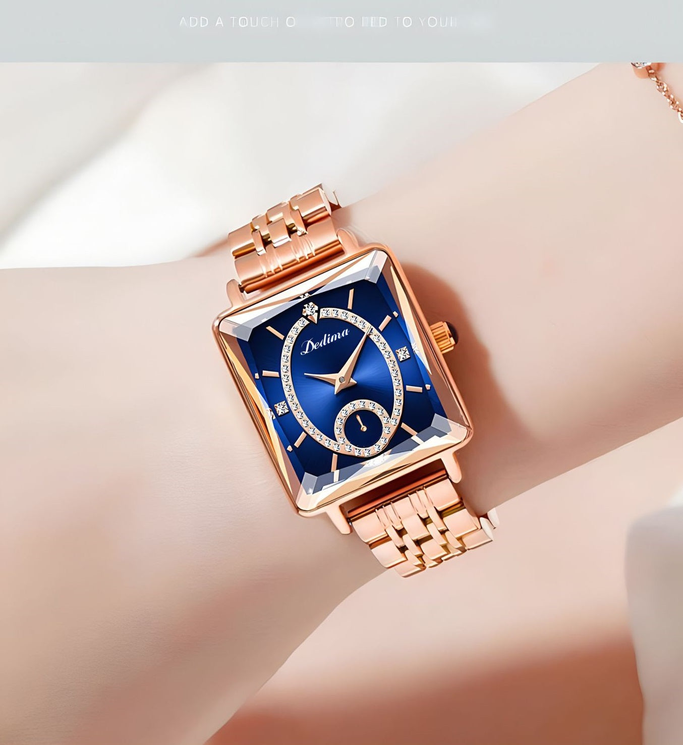 A square-shaped rose gold diamond ladies watch with a stylish design, featuring a sleek watch face and elegant band.