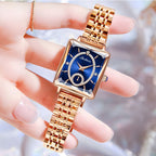 Aarenza square ladies rose gold diamond watch with a sleek design and sparkling diamond accents on the watch face.