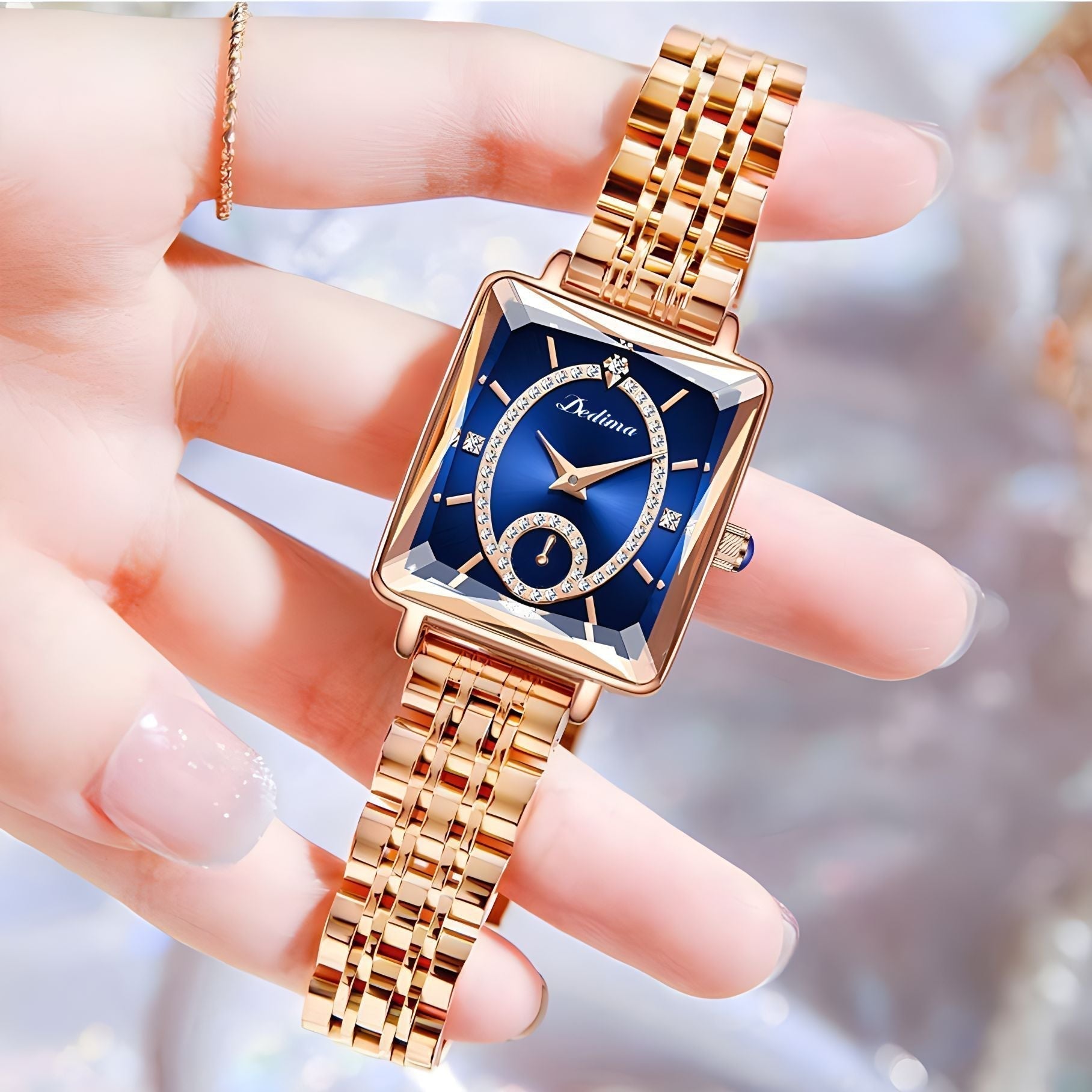 Aarenza square ladies rose gold diamond watch with a sleek design and sparkling diamond accents on the watch face.