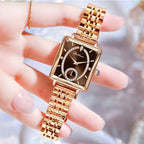 Aarenza Square Ladies Rose Gold Diamond Watch with a sleek square face, rose gold band, and embedded diamonds.