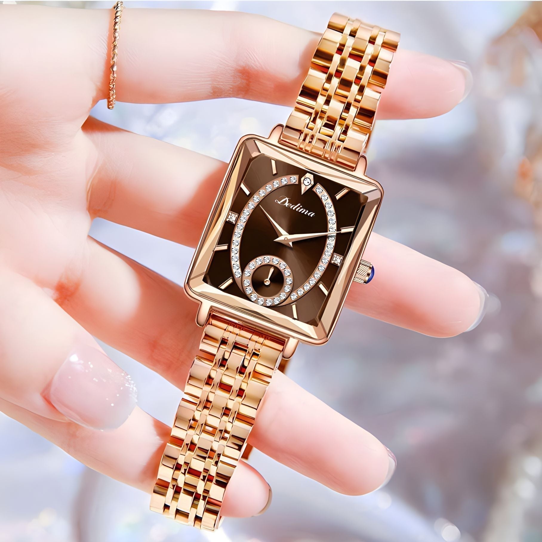 Aarenza Square Ladies Rose Gold Diamond Watch with a sleek square face, rose gold band, and embedded diamonds.