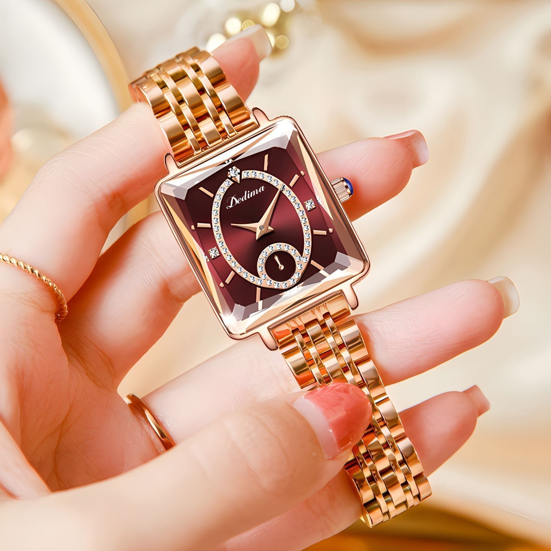 Aarenza Fashion Square Ladies Rose Gold Diamond Watch with a sleek square face and elegant rose gold band.