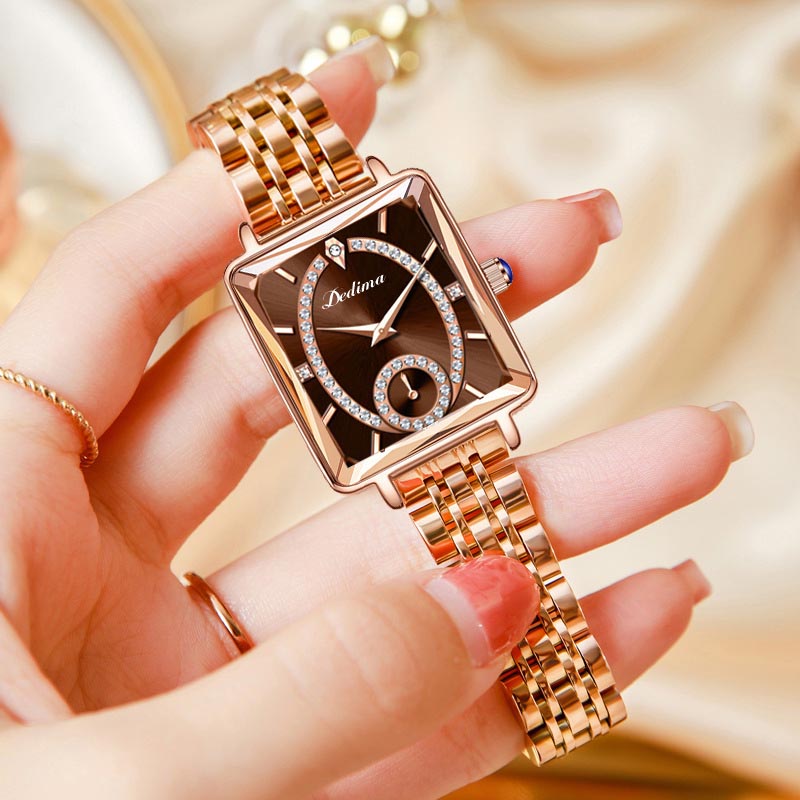 Aarenza square ladies rose gold diamond watch with a sleek design and elegant face, showcasing its stylish fashion accessory.