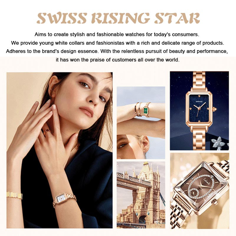 Rose gold diamond watch for women by Arenzza, square face with elegant design and sparkling accents, perfect for stylish accessories.