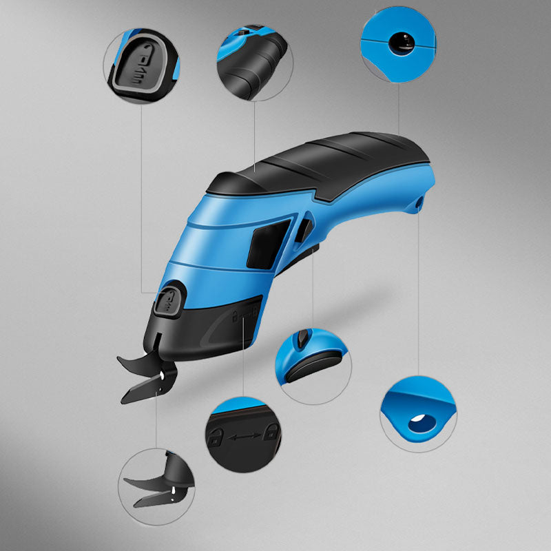 Arenzza cordless electric cloth cutting scissors in hand, showcasing their ergonomic design and sharp blades for fabric trimming.