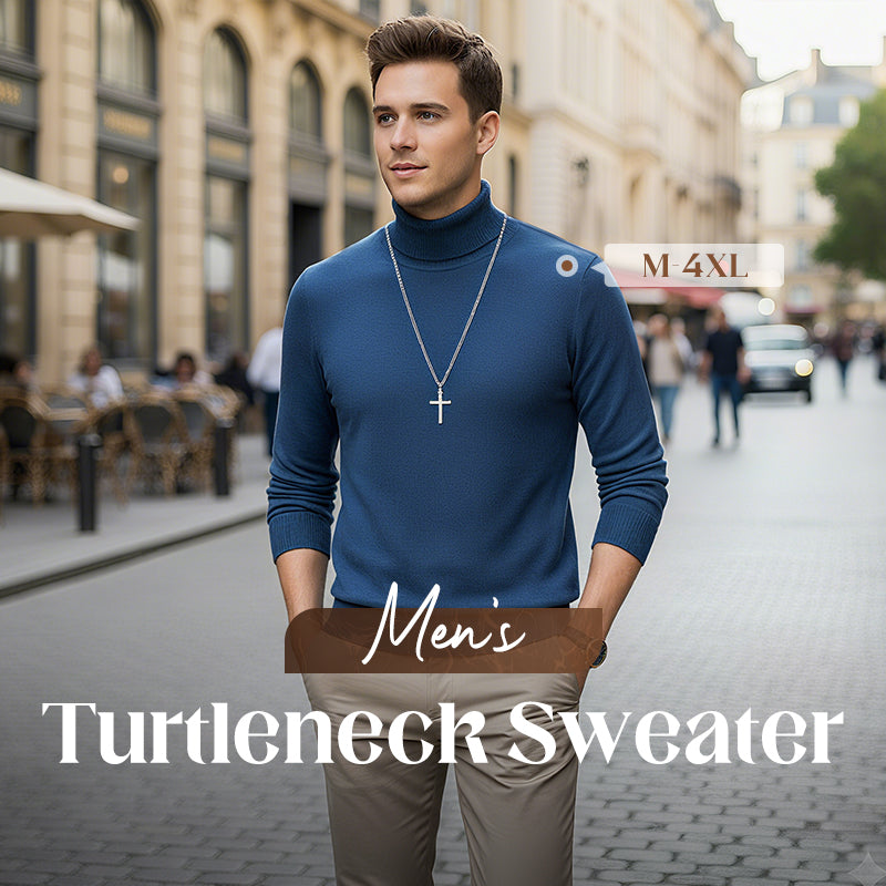 A men's solid color premium turtleneck sweater by Arenzza, featuring a close-up of the fabric and turtleneck collar.