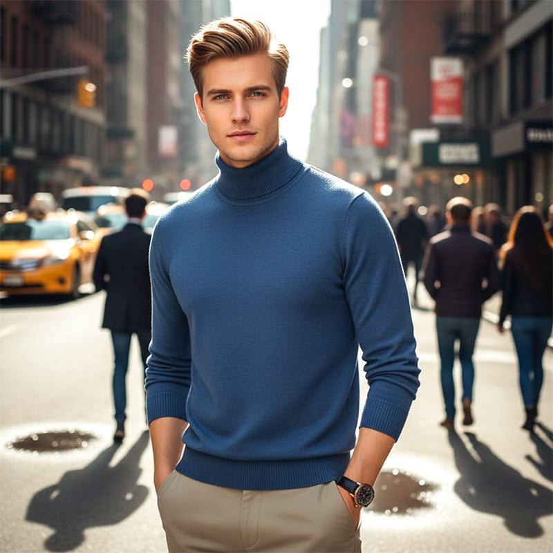 A men's solid color premium turtleneck sweater by Arenzza, displayed on a hanger against a neutral background.
